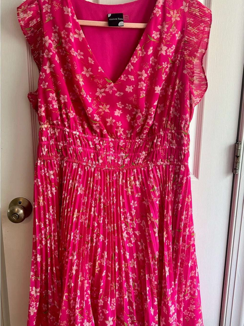 Maison Tara Bright Pink Floral V-Neck Smocked Dress